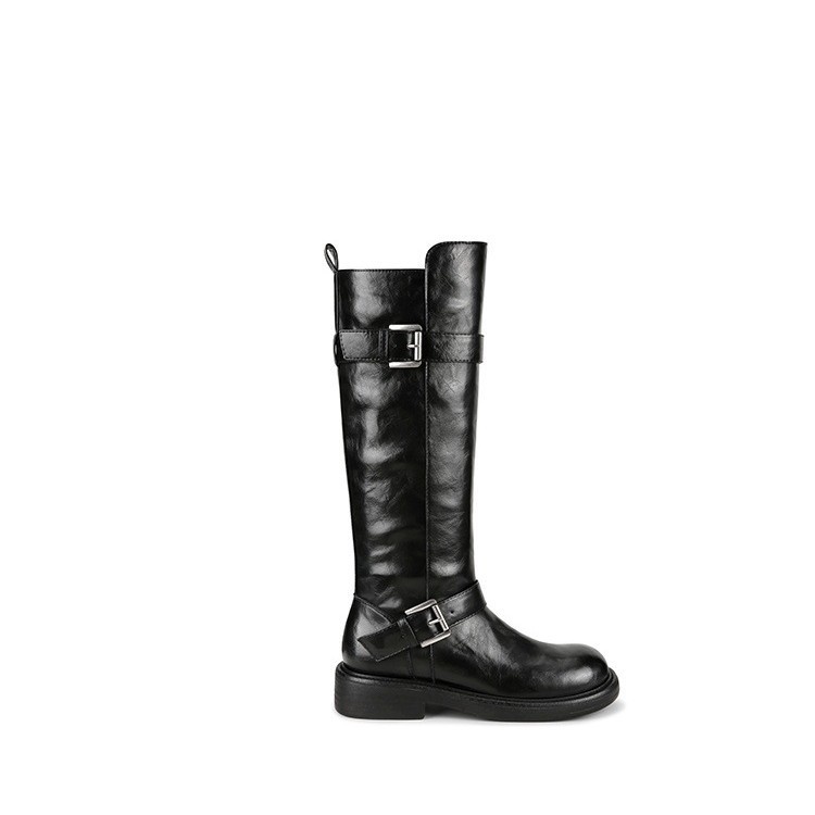 ShoeGlobe Decadent Button für neue vielseitige Retro-Faltenstiefel mit dickem Absatz, hohem Schaft, schmaler Form, langem Absatz, Damen-Kurzstiefel_voghion.com