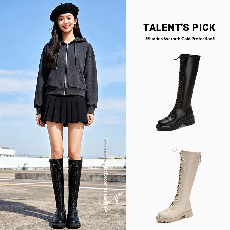 ShoeGlobe Women's Riding Autumn Winter 2025 New High Tube Casual Genuine Leather Long Boots British Style Thick Heel Fleece Lined_voghion.com