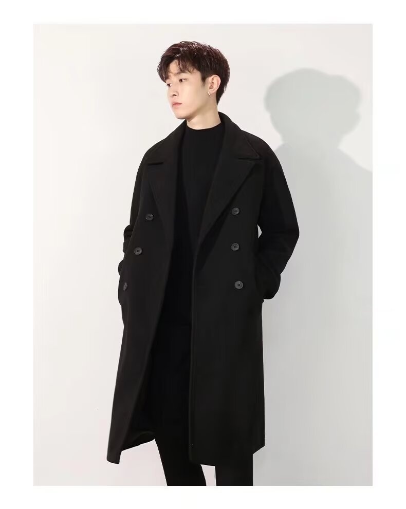 boy Boy Trench Double-Breasted Black Mid-Length Coat Men's Autumn Winter Woolen Jacket_voghion.com