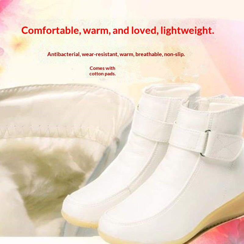 ShoeGlobe ShoeGlobe White Nure Winter Cotton Wedge Heel Cowhide Sole Fleece-Lined Short Boot Women Non-Slip Warm Caual Hopital Work_voghion.com