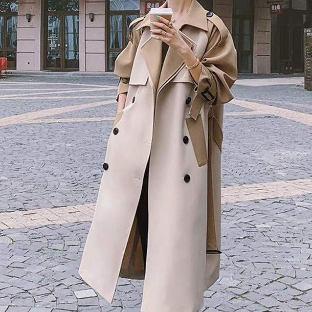 Modischer, eleganter Trenchcoat für Damen, mittellang, Herbst 2022, neuer Stil, Farbblock-Design, Overknee-Schnitt_voghion.com
