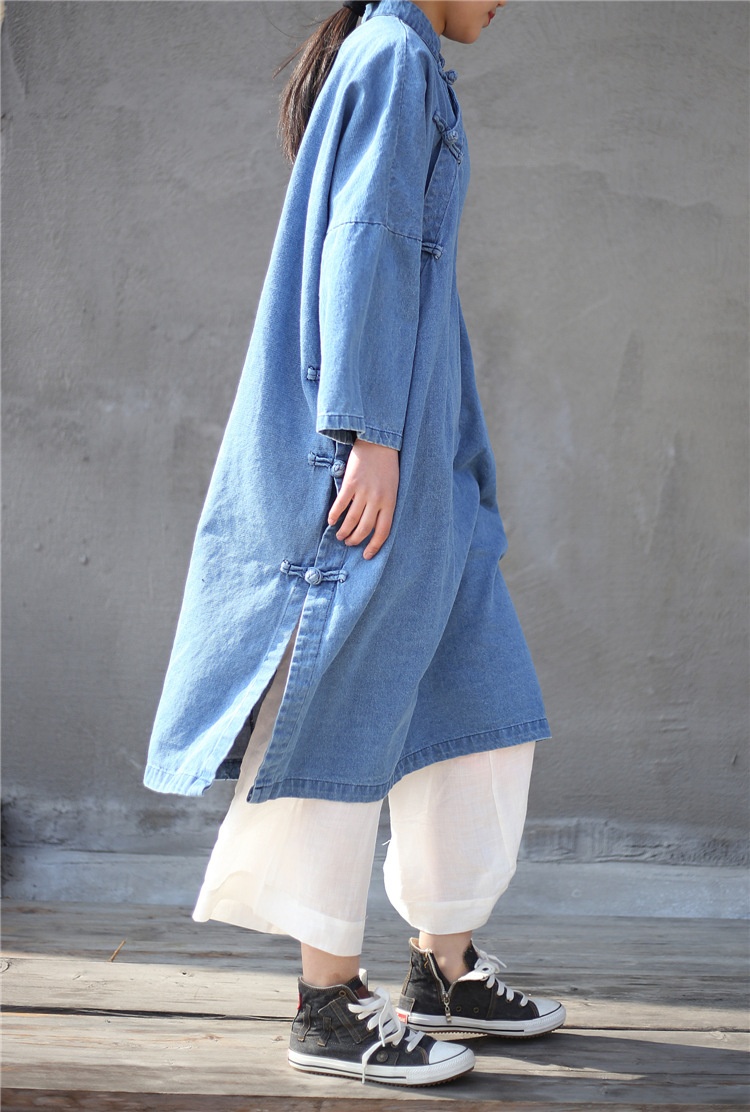 Damen Asymmetrischer, geknöpfter, langer, lockerer Denim-Trenchcoat im Zen-Stil, Vintage-Look, einfarbig_voghion.com