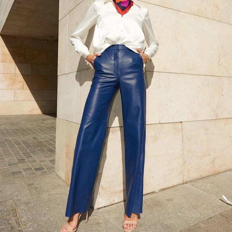 girl 2024 Autumn Fashion PU Leather Mid-High Waist Hip-Lifting Straight-Leg Women's Casual Pants_voghion.com