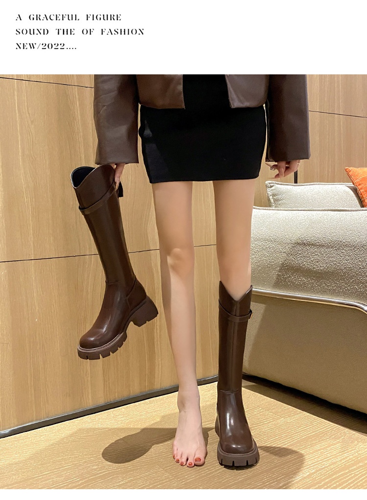 Bottes d'équitation mi-mollet polyvalentes ShoeGlobe, en cuir véritable à semelle épaisse, rehaussantes et élastiques, pour l'automne et l'hiver._voghion.com