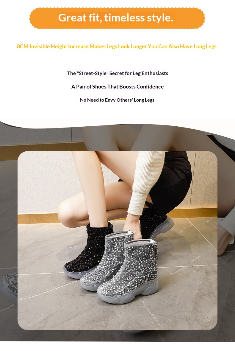 Scarpe con tacco alto ShoeGlobe da donna, nuovo design di nicchia per autunno e inverno, a metà polpaccio, foderate in pile, alla moda, in cotone versatile con paillettes_voghion.com