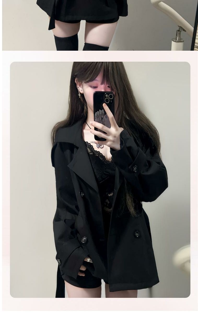 Women's Clothing Women's British Short Trench Coat Black Double-Breasted Petite Women Autumn Winter New High-End Waist-Cinching Little_voghion.com