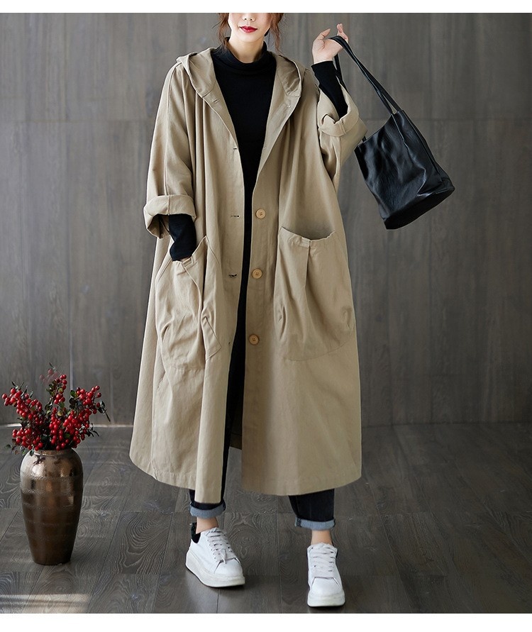 2024 Autumn New Artistic Loose Plus Size Over-the-Knee Long Large Pocket Trench Coat For Women With Hooded Commuter Casual_voghion.com