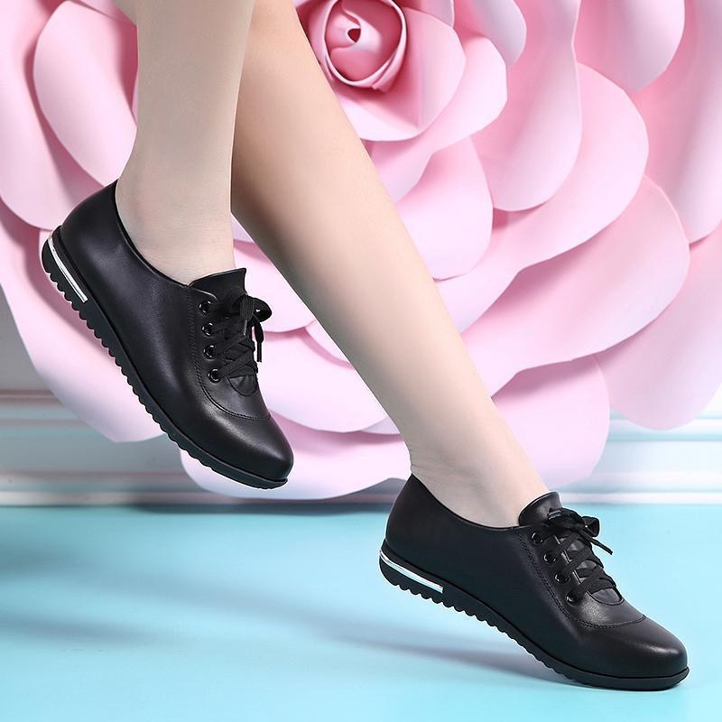 ShoeGlobe Damen-Schnürschuhe mit flacher Sohle, Größe L (41/42), vielseitig, bequem, aus weichem Leder, weiß, ideal für Schülerinnen, Krankenschwestern und Berufstätige._voghion.com