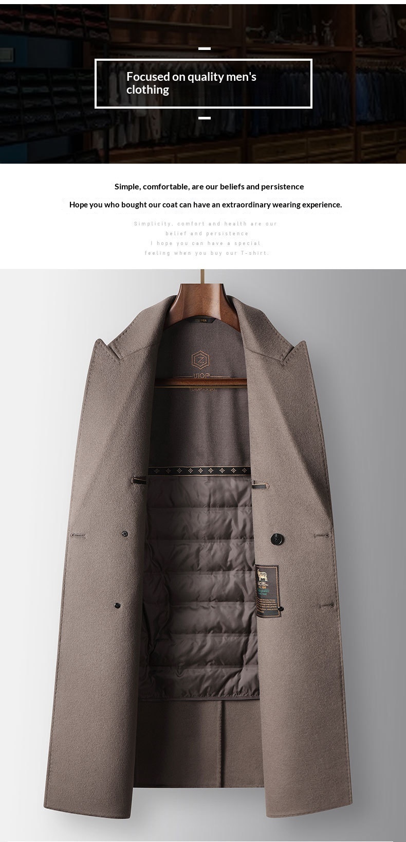 Manteau long d'automne-hiver pour homme, 100 % laine, col à revers pointus, doublure amovible en duvet d'oie, idéal pour les jeunes professionnels d'âge mûr. Chaud et confortable._voghion.com