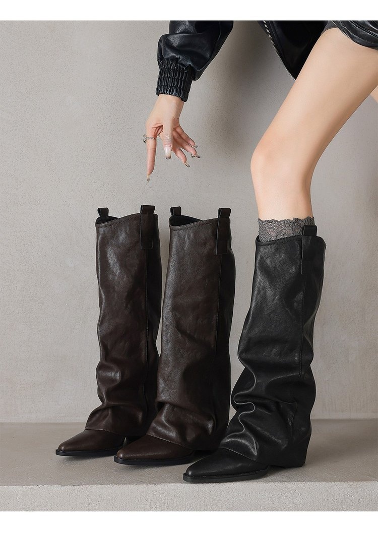 ShoeGlobe Echtleder-Version! Schwarze, gerade geschnittene Overknee-Reitstiefel für Damen mit spitzer Zehenpartie und erhöhter Körpergröße._voghion.com