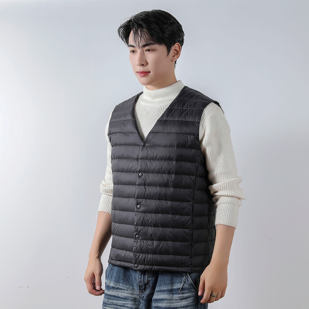 boy Pinghu Chixin 90% Fleece Solid Color New Men's V-Neck Round Neck Vest Down Jacket Large Size Coat_voghion.com