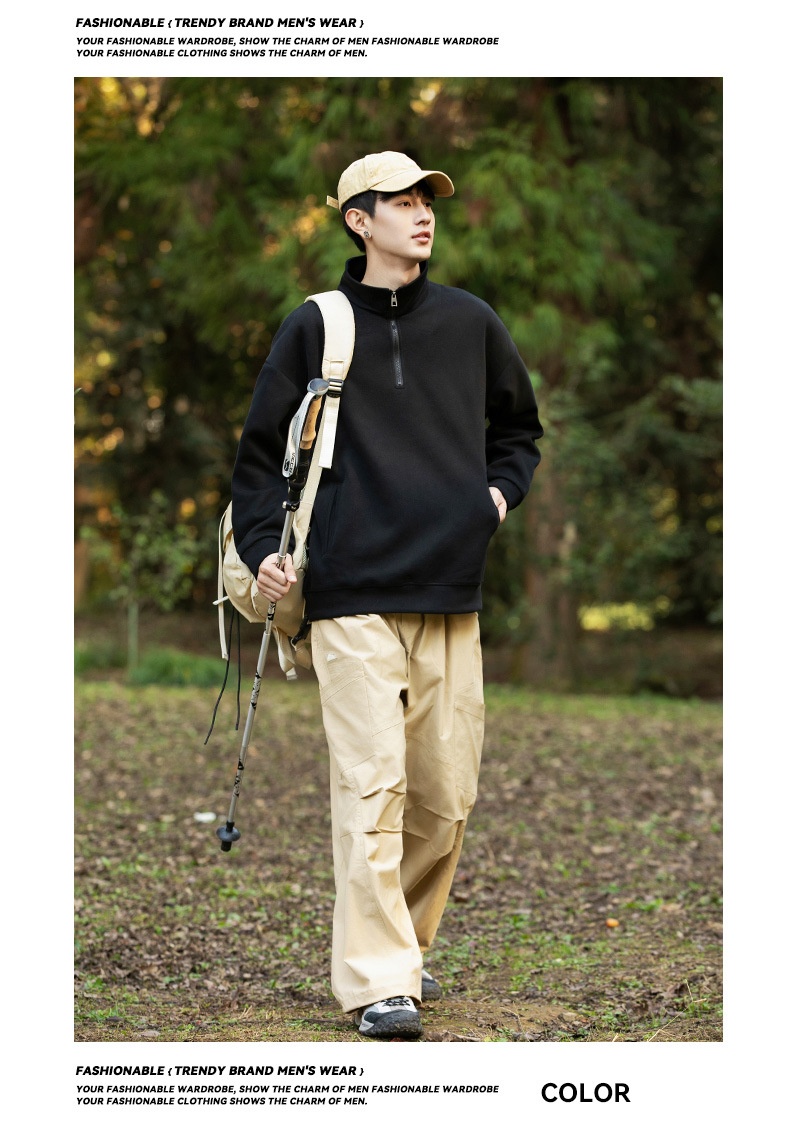 boy Kunhaipengyun Autumn New Fleece-Lined Thickened Stand Collar Sweatsh Men's Mountain Style Outdoor Solid Color Polo_voghion.com