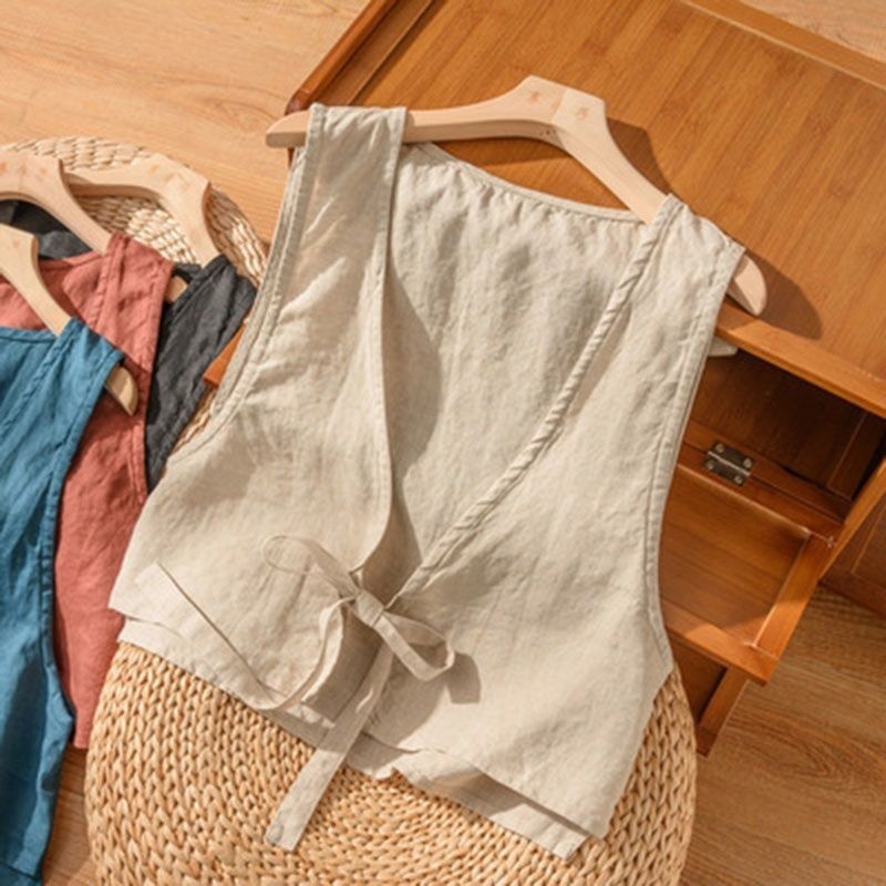 Women's Vintage Artistic British Style Sleeveless Linen V-neck Blazer Vest For Women 2025 Summer New Fashionable Jacket Top_voghion.com