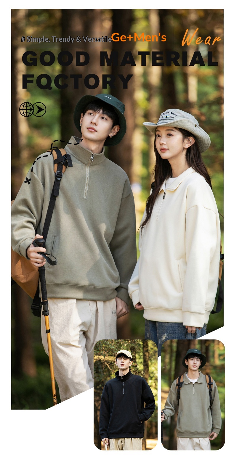 boy Kunhaipengyun Autumn New Fleece-Lined Thickened Stand Collar Sweatsh Men's Mountain Style Outdoor Solid Color Polo_voghion.com