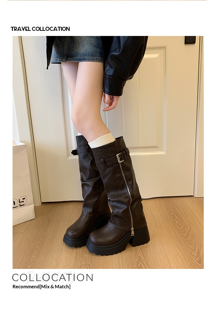 ShoeGlobe Damen-Reitstiefel im postapokalyptischen Stil mit dicker Sohle, runder Zehenpartie und langem Schaft, Xinjiang-Stil, neue schwarze, figurformende Sommer-Reitstiefel_voghion.com