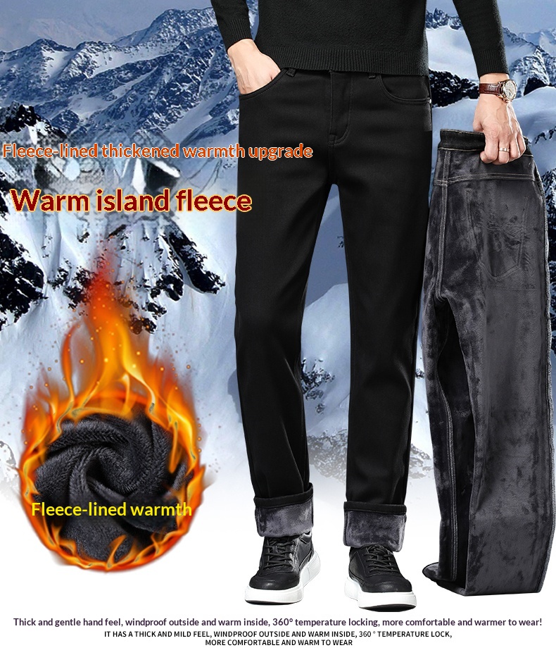 boy Boy Fleece-Lined Jeans For Men, Pure Black, Cotton-Padded, Straight-Leg, Autumn And Winter, Warm, Youth Long Pants, Men's_voghion.com