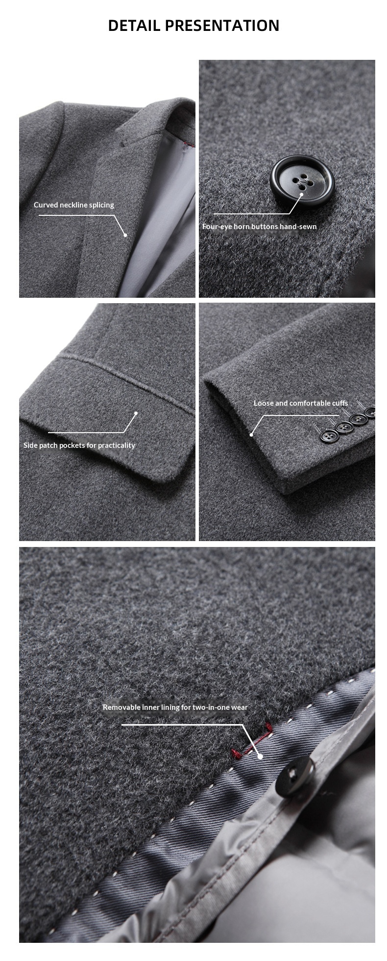 Trench-coat mi-long en laine pour homme, 100 % coton, intérieur en duvet de canard, idéal pour l'automne et l'hiver._voghion.com