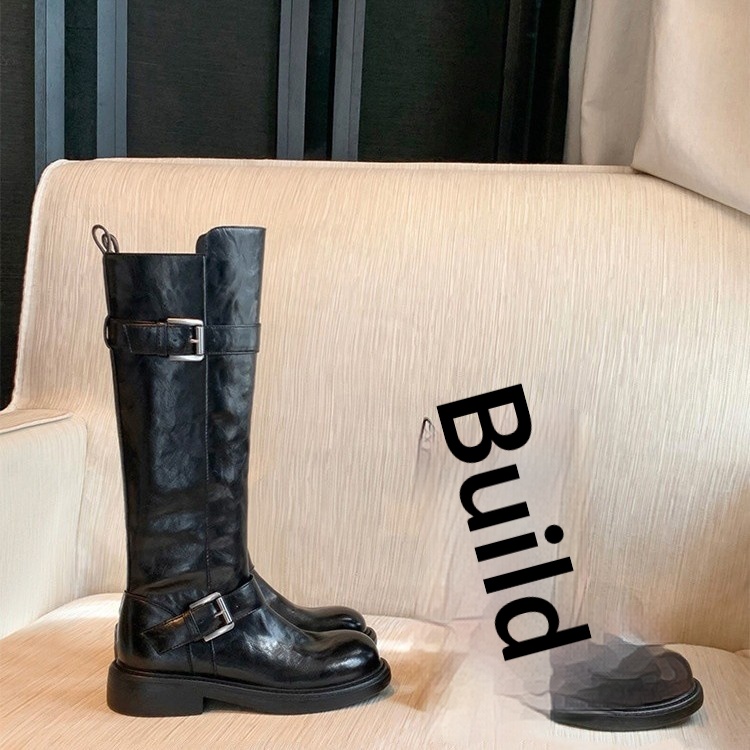 ShoeGlobe Decadent Button für neue vielseitige Retro-Faltenstiefel mit dickem Absatz, hohem Schaft, schmaler Form, langem Absatz, Damen-Kurzstiefel_voghion.com