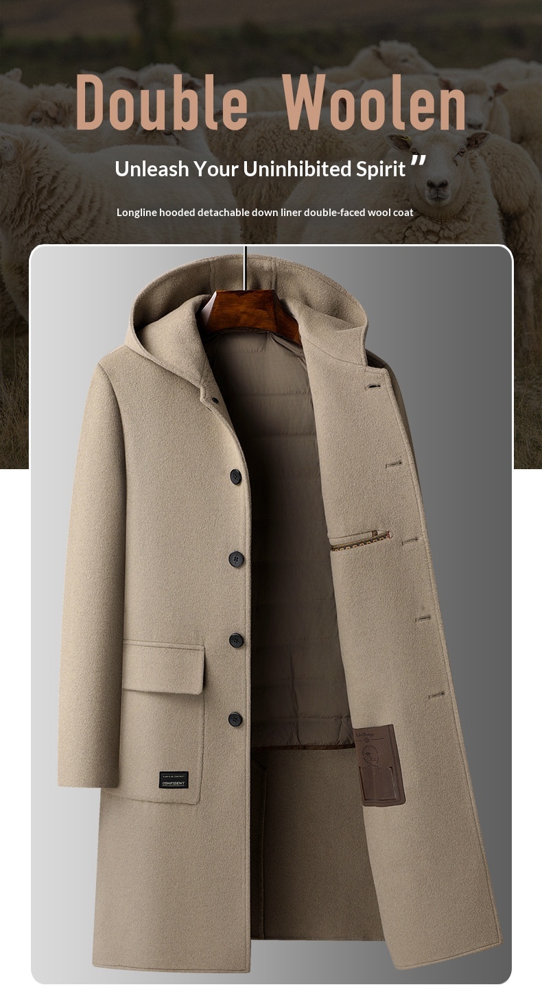 Trench-coat long homme en laine 100 % pour l'automne et l'hiver, à capuche double face et doublure en duvet._voghion.com