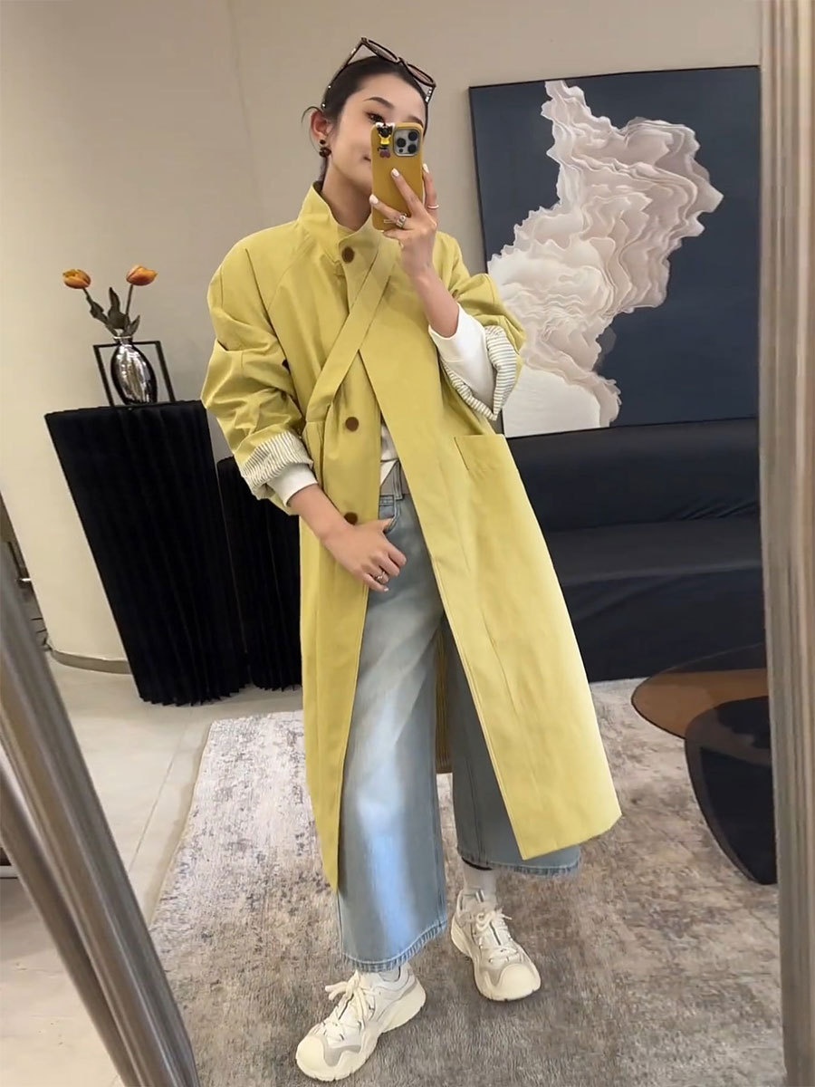 Damenbekleidung Damenbekleidung Damenbekleidung Eleganter, einreihiger Trenchcoat mit Stehkragen in mittlerer Länge, hochwertiger koreanischer Stil, locker geschnitten_voghion.com