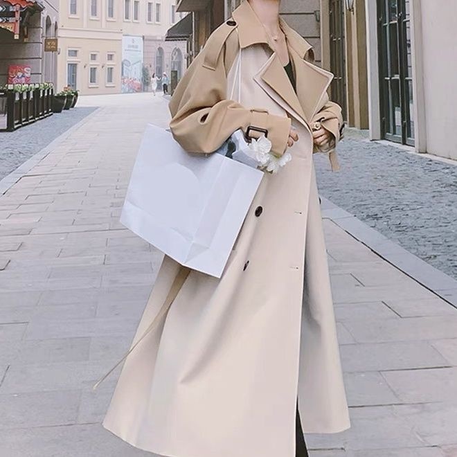Modischer, eleganter Trenchcoat für Damen, mittellang, Herbst 2022, neuer Stil, Farbblock-Design, Overknee-Schnitt_voghion.com
