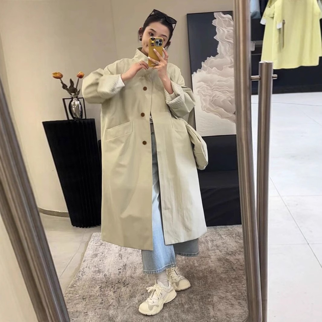 Damenbekleidung Damenbekleidung Damenbekleidung Eleganter, einreihiger Trenchcoat mit Stehkragen in mittlerer Länge, hochwertiger koreanischer Stil, locker geschnitten_voghion.com