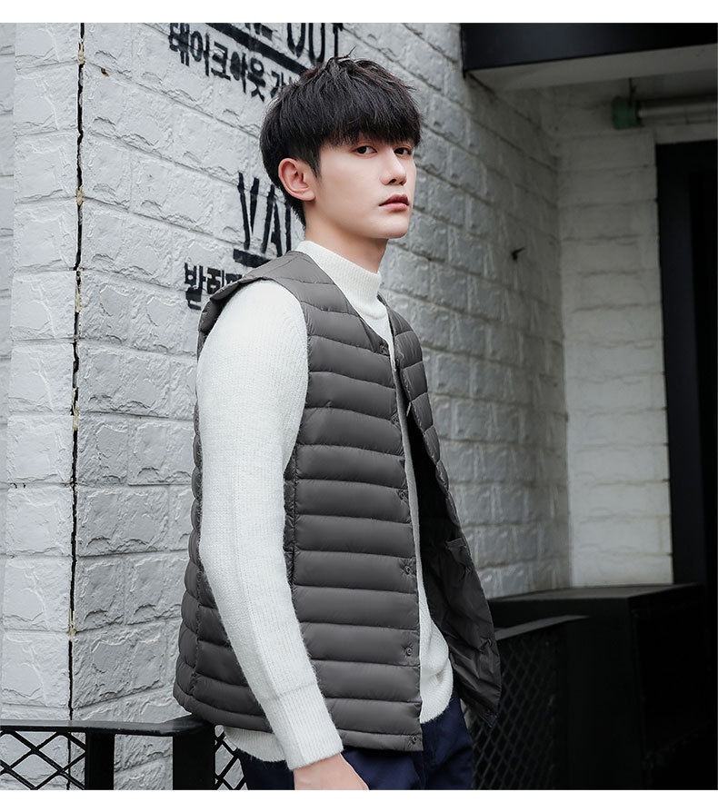 boy Pinghu Chixin 90% Fleece Solid Color New Men's V-Neck Round Neck Vest Down Jacket Large Size Coat_voghion.com