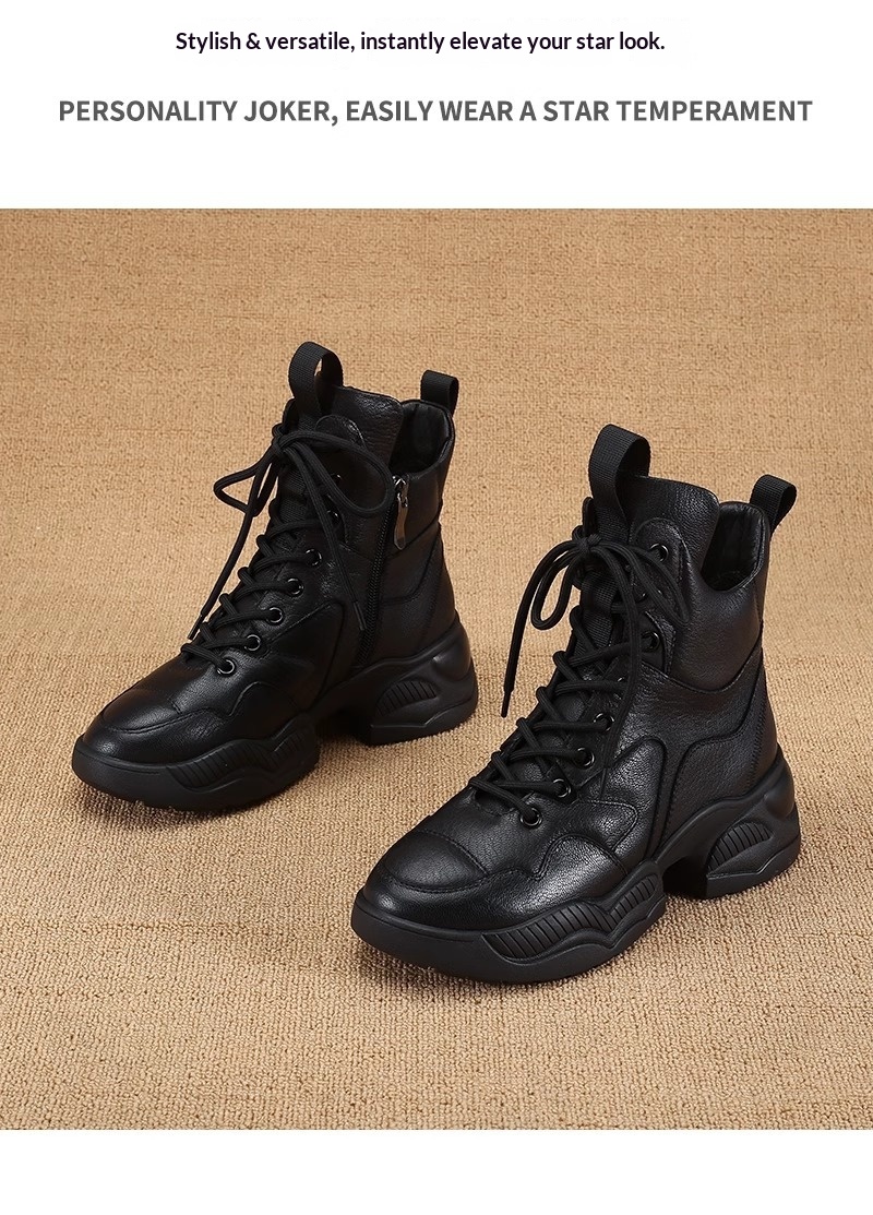 Chaussures montantes ShoeGlobe en cuir véritable à semelle épaisse pour femmes, doublées polaire, pour l'hiver, rehaussantes, inspirées par Martin, une célébrité d'Internet._voghion.com