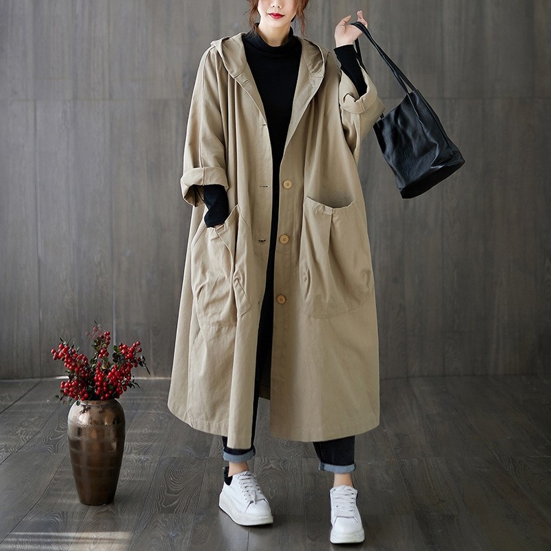 2024 Autumn New Artistic Loose Plus Size Over-the-Knee Long Large Pocket Trench Coat For Women With Hooded Commuter Casual_voghion.com