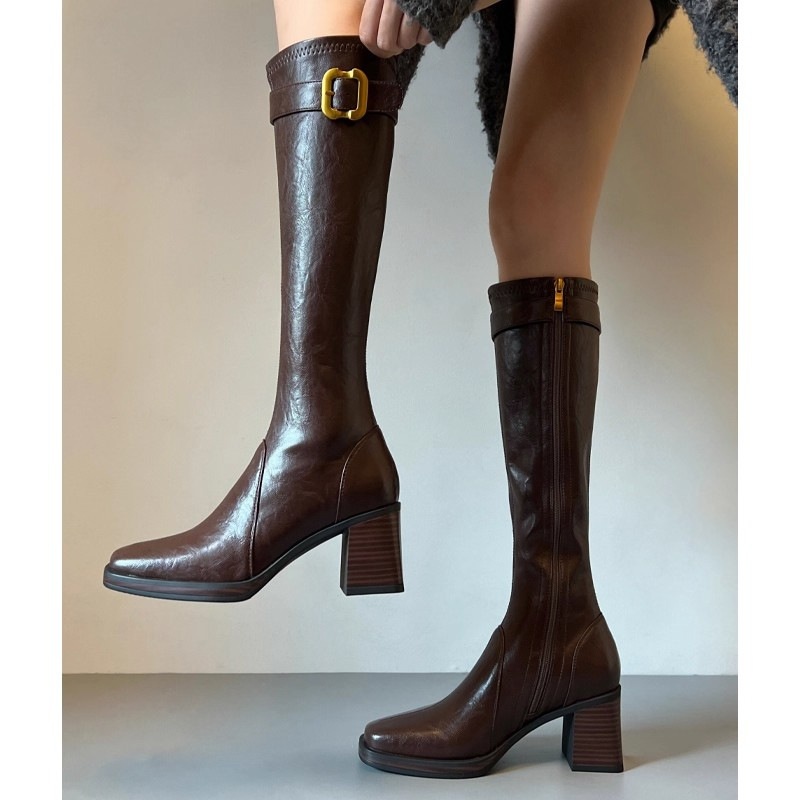 Chaussure ShoeGlobe en cuir de vachette ~ Cuir véritable, boucle en métal, semelle épaisse, talon compensé montant au-dessus du genou, style Knight._voghion.com