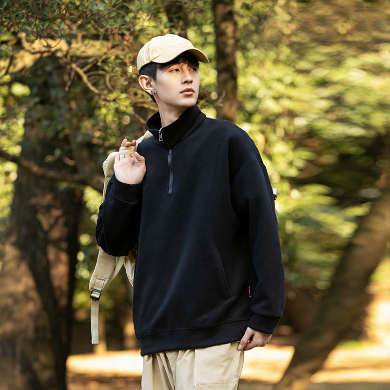 boy Kunhaipengyun Autumn New Fleece-Lined Thickened Stand Collar Sweatsh Men's Mountain Style Outdoor Solid Color Polo_voghion.com