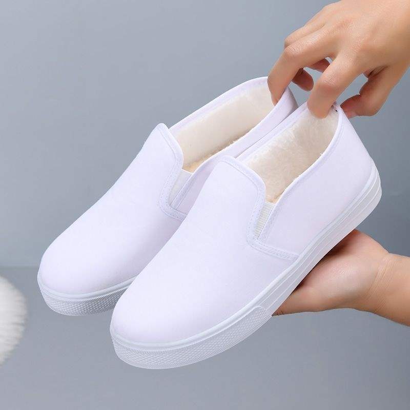 ShoeGlobe White Nurse Old North Arbeitsschuhe für Damen, flach, rutschfest, fleecegefüttert, Baumwolle, niedrig geschnitten, Gesundheitsschuhe_voghion.com