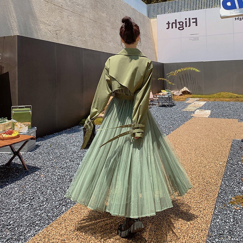 Women's Clothing Large Stock Available Spring And Autumn Khaki Trench For Women French Style Loose Mesh Patchwork Casual Elegant Coat_voghion.com