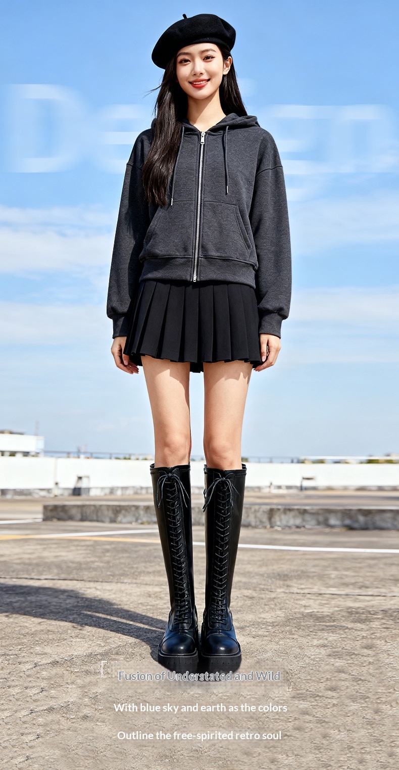 ShoeGlobe Women's Riding Autumn Winter 2025 New High Tube Casual Genuine Leather Long Boots British Style Thick Heel Fleece Lined_voghion.com