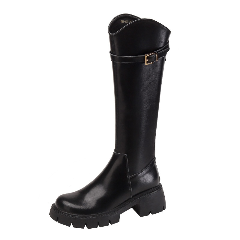 Bottes d'équitation mi-mollet polyvalentes ShoeGlobe, en cuir véritable à semelle épaisse, rehaussantes et élastiques, pour l'automne et l'hiver._voghion.com
