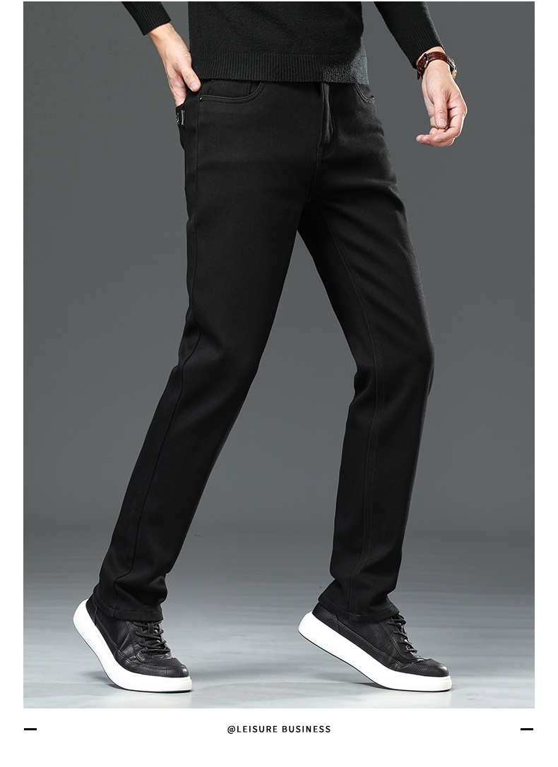 boy Boy Fleece-Lined Jeans For Men, Pure Black, Cotton-Padded, Straight-Leg, Autumn And Winter, Warm, Youth Long Pants, Men's_voghion.com