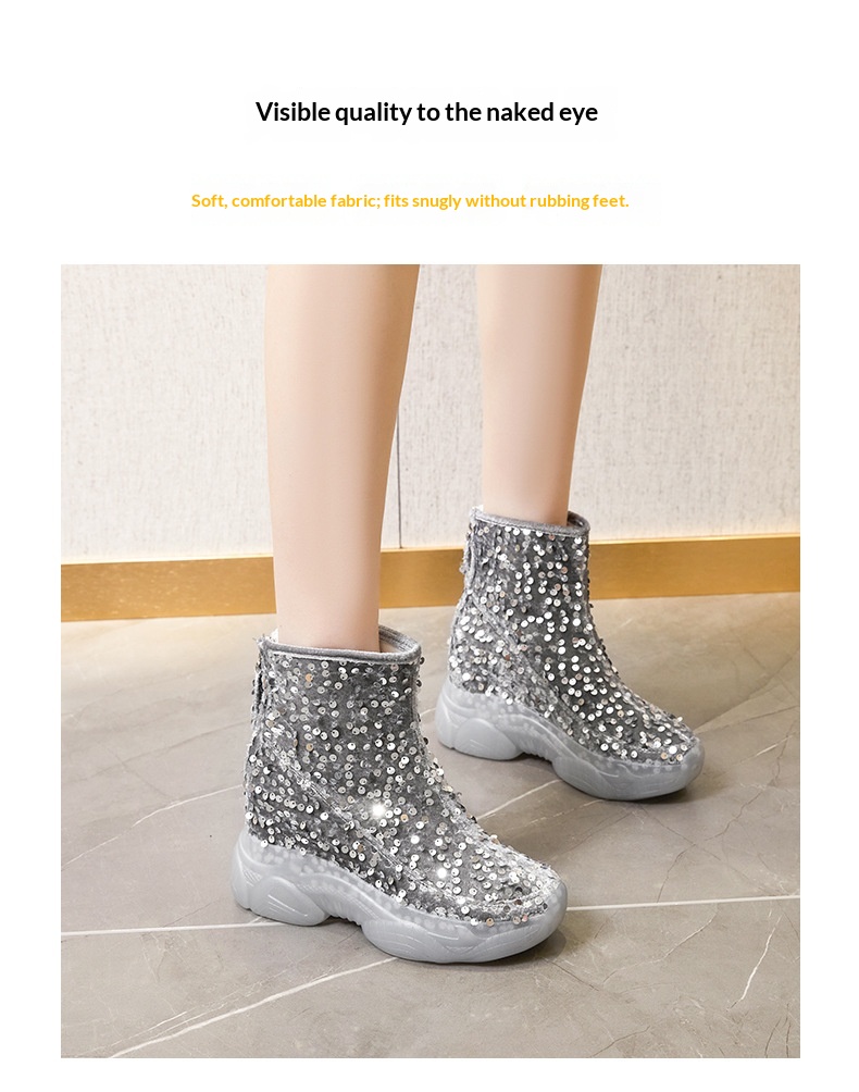 Scarpe con tacco alto ShoeGlobe da donna, nuovo design di nicchia per autunno e inverno, a metà polpaccio, foderate in pile, alla moda, in cotone versatile con paillettes_voghion.com