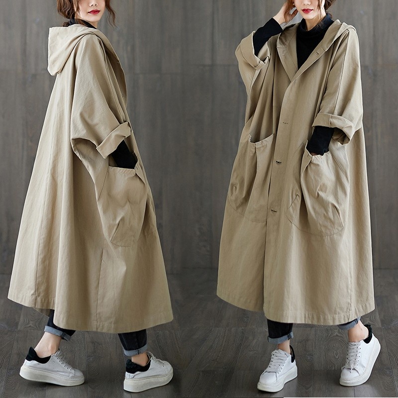 2024 Autumn New Artistic Loose Plus Size Over-the-Knee Long Large Pocket Trench Coat For Women With Hooded Commuter Casual_voghion.com