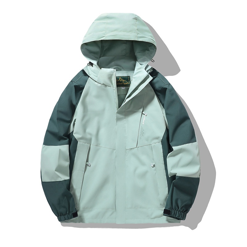 Veste de randonnée imperméable et coupe-vent pour femme, color block, avec capuche amovible. Modèle unique._voghion.com