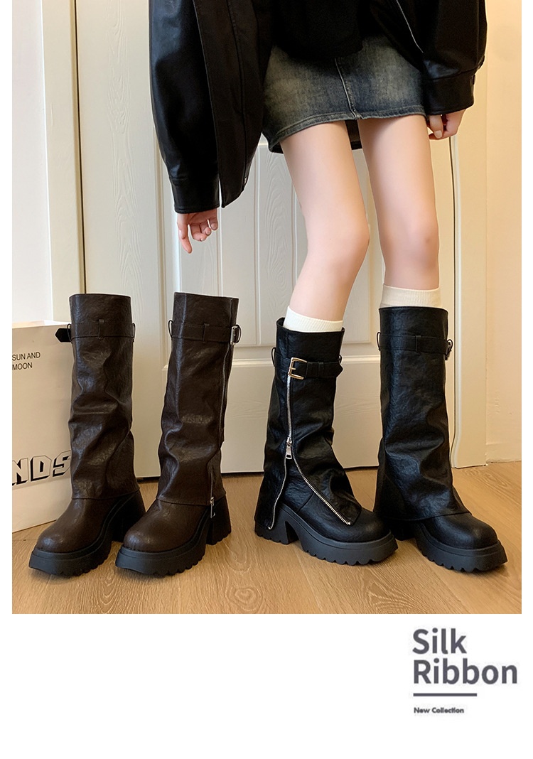 ShoeGlobe Damen-Reitstiefel im postapokalyptischen Stil mit dicker Sohle, runder Zehenpartie und langem Schaft, Xinjiang-Stil, neue schwarze, figurformende Sommer-Reitstiefel_voghion.com