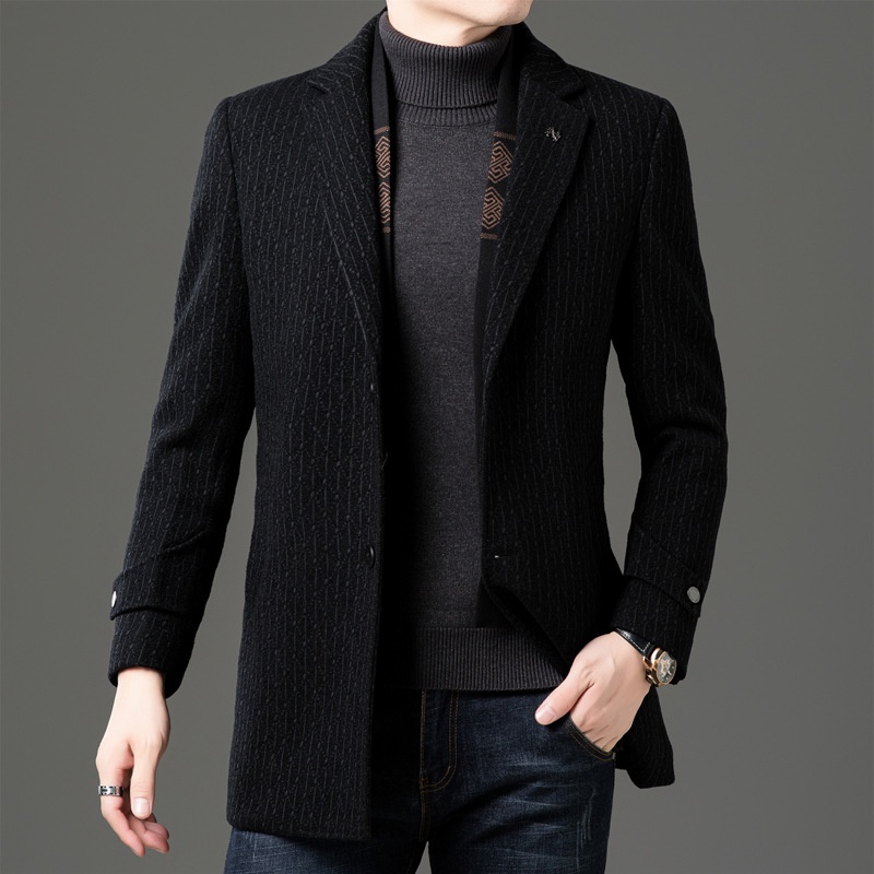boy Boy Boy 2025 Winter Wool Coat Men, Fashionable Striped Suit Collar, White Duck Down Scarf Woolen Jacket For Young And_voghion.com