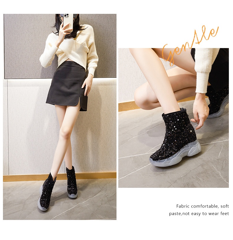 Scarpe con tacco alto ShoeGlobe da donna, nuovo design di nicchia per autunno e inverno, a metà polpaccio, foderate in pile, alla moda, in cotone versatile con paillettes_voghion.com