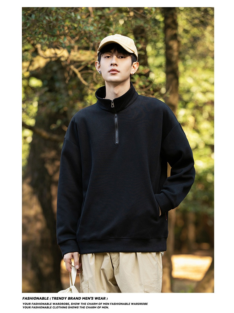 boy Kunhaipengyun Autumn New Fleece-Lined Thickened Stand Collar Sweatsh Men's Mountain Style Outdoor Solid Color Polo_voghion.com