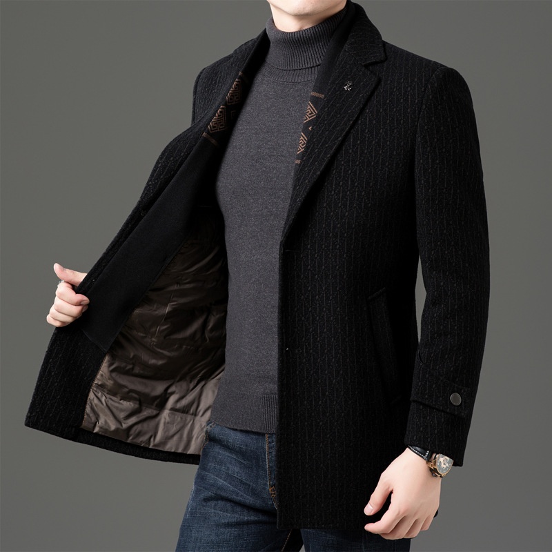 boy Boy Boy 2025 Winter Wool Coat Men, Fashionable Striped Suit Collar, White Duck Down Scarf Woolen Jacket For Young And_voghion.com