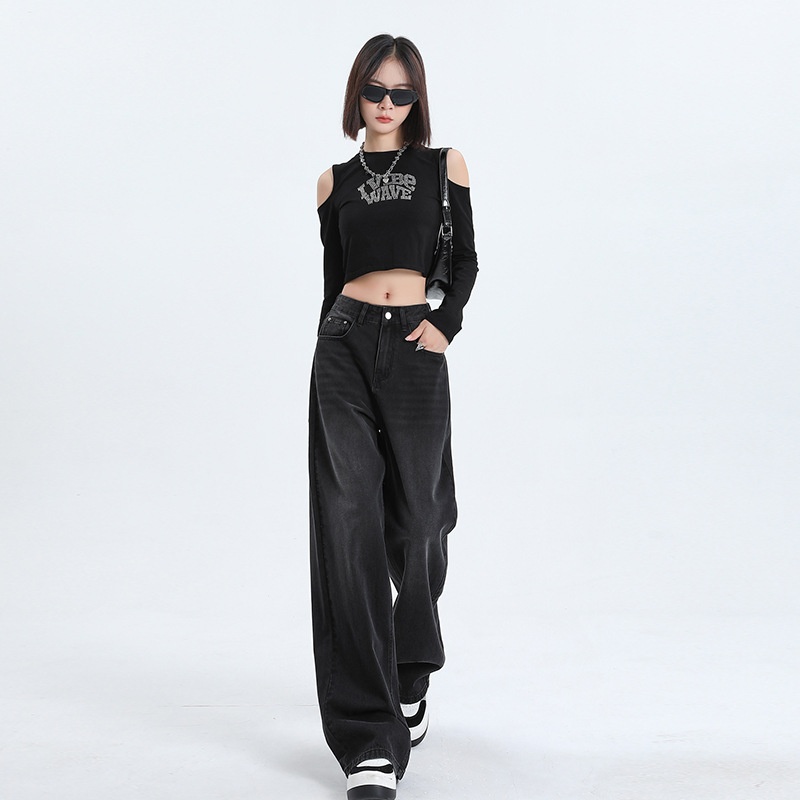 girl Black Gray High Waist Wide Leg Jeans Women's Autumn 2025 New Loose Slimming Drape American Retro Straight-leg Pants_voghion.com