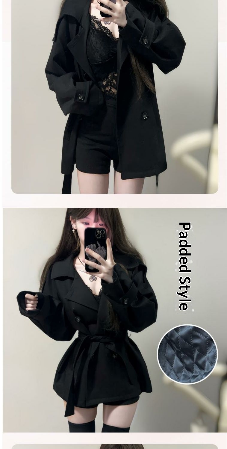 Women's Clothing Women's British Short Trench Coat Black Double-Breasted Petite Women Autumn Winter New High-End Waist-Cinching Little_voghion.com