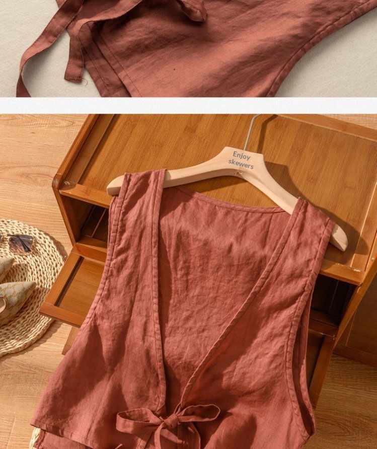 Women's Vintage Artistic British Style Sleeveless Linen V-neck Blazer Vest For Women 2025 Summer New Fashionable Jacket Top_voghion.com