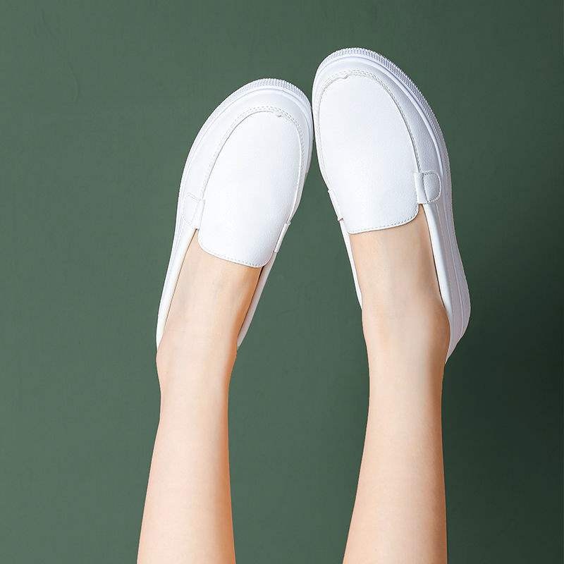 ShoeGlobe ShoeGlobe Nurse Women Soft Sole Leather Surface Flat Non-Tiring Foot Hospital Anti-Slip White Round Toe Breathable Deodorant Work_voghion.com