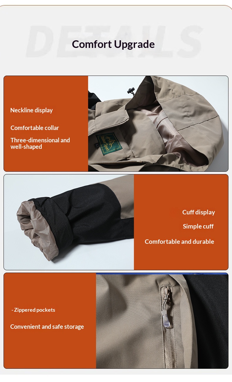 Veste de randonnée imperméable et coupe-vent pour femme, color block, avec capuche amovible. Modèle unique._voghion.com