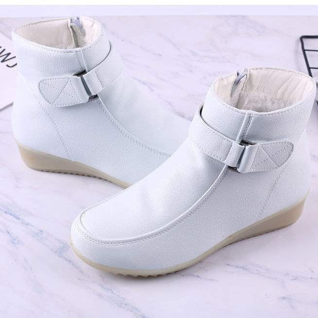 ShoeGlobe ShoeGlobe White Nure Winter Cotton Wedge Heel Cowhide Sole Fleece-Lined Short Boot Women Non-Slip Warm Caual Hopital Work_voghion.com